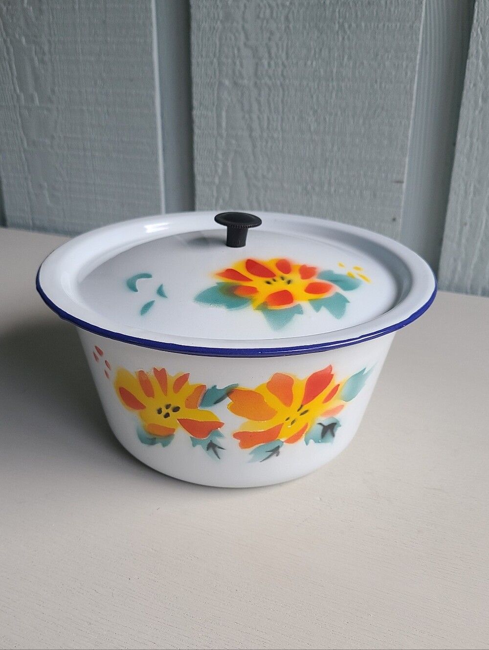 Vintage Enamelware Floral Bowl With Lid MCM